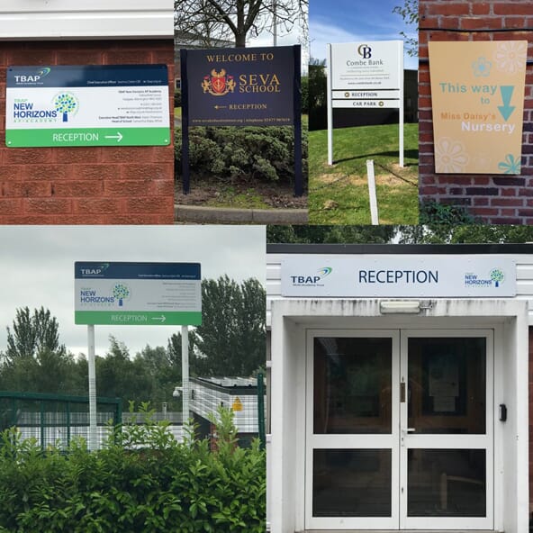 A collage of indoor and outdoor wayfinding signage.